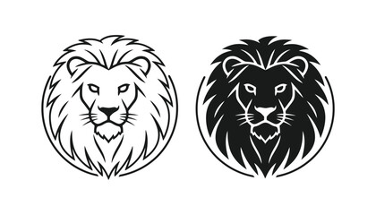 Lion head logo vector illustration featuring stylized mane in outline and solid black versions for wildlife brand identity and sports team emblems © Purely