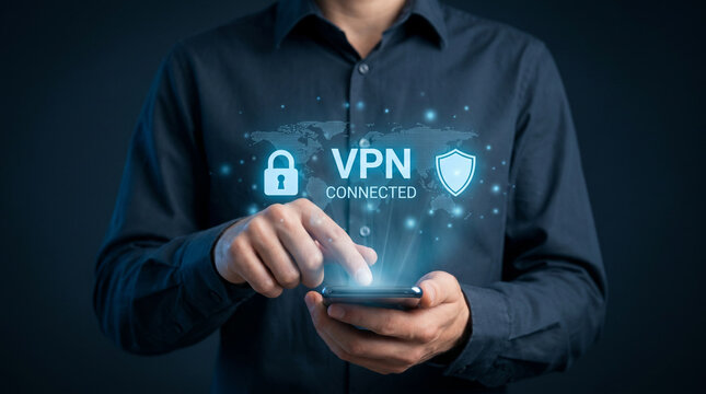 Mobile VPN security concept with smartphone user, digital lock, shield icon, and protected internet access