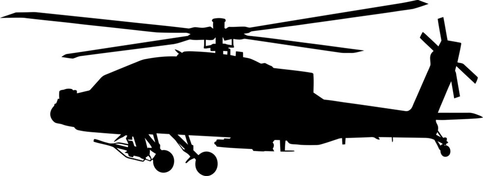 Silhouette of an attack helicopter in flight on a white background