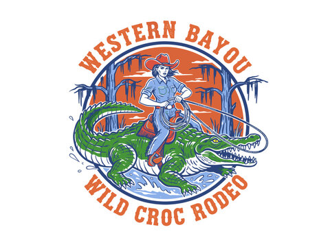 Retro style cowgirl riding a crocodile rodeo. Western bayou vintage artwork. Cowboy graphic print. Western rodeo design. T shirt print design.