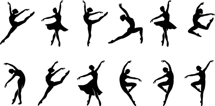 Silhouette ballet dancers in various elegant poses on a white background