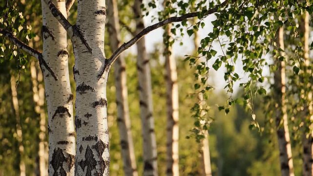 Sunlight filtering through a grove of birch trees in a forest.