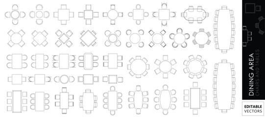 Obraz premium CAD Dining Area Furniture Layout Vector set 1 – Chairs and Tables Top View Plan, Editable Interior Design Elements