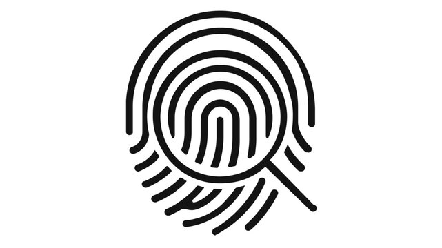 Fraud detection vector icon featuring a magnifying glass over a fingerprint. Minimalist line art illustration for cybersecurity, identity verification, forensic investigation, and biometrics.