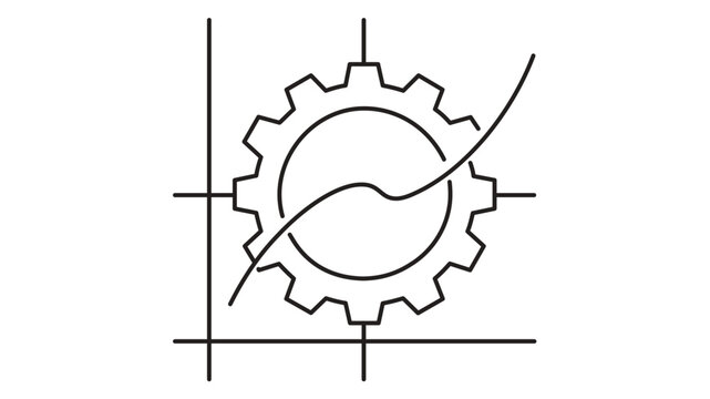 Algorithmic trading vector icon illustration featuring a gear cog integrated with a rising line graph on a coordinate grid. Clean minimalist line art for financial technology and automated systems.