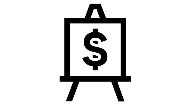 Minimalist vector icon of an easel with a dollar sign, representing art investment, financial value of creativity, and commercial art market, clean line art illustration for business design.