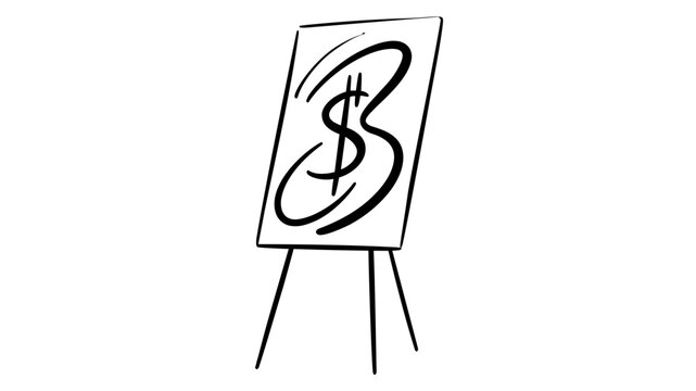 Minimalist vector illustration of a painting on an easel featuring a stylized dollar sign, representing art investment, financial value, creative wealth, and the business of fine arts.