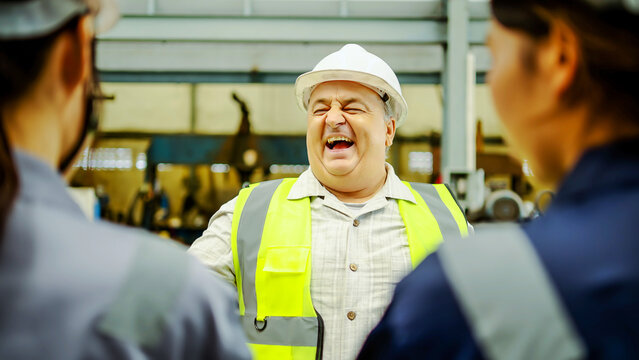 Happy senior male engineer wearing a white hard hat and safety vest laughing loudly with his team during a break in a modern industrial factory setting. Positive workplace culture and teamwork.