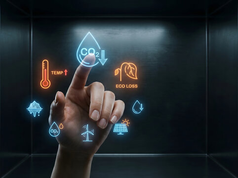 Hand interacting with a futuristic holographic interface displaying environmental icons for sustainability and climate change reduction