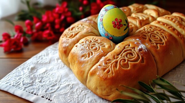 Meticulously Decorated Easter Bread Adorned with Intricate Details