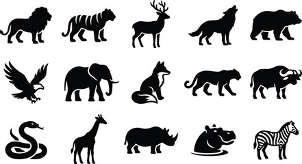 Fototapeta premium Wild Animal Silhouette Collection with Lion Tiger Elephant Giraffe and Safari Wildlife Icons