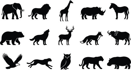 Obraz premium Wild Animal Silhouette Icons Set Vector Graphics for Safari and Nature Design Projects