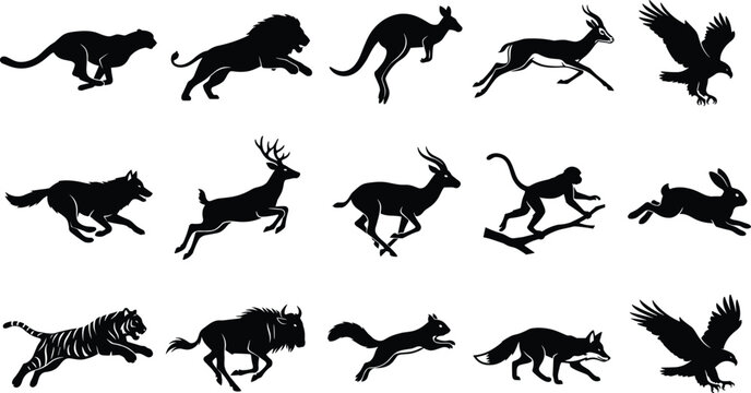 Set Of Running Wild Animals Silhouettes Including Lion Tiger Cheetah And Eagle Vector