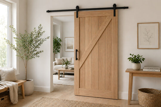 Elegant wooden sliding barn door with black metal hardware inside contemporary minimalist home interior featuring natural lighting, neutral decor, indoor plants, and warmth.