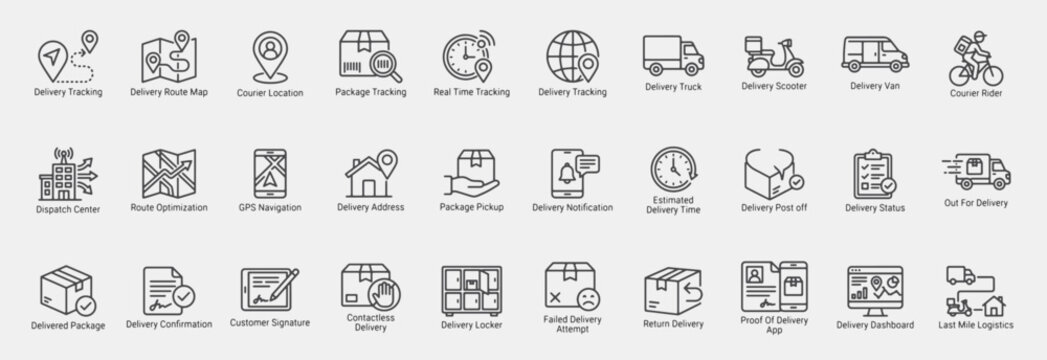 Courier Delivery Tracking and Logistics Workflow Line Icon Set, Including Delivery Tracking, Delivery Route Map, Courier Location, Package Tracking, Real-Time Tracking, Delivery Truck, and more.