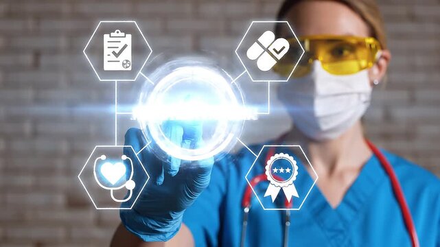 Concept of medical accreditation. Doctor using virtual touch screen presses the text ACCREDITATION. Pharmacy and health care warranty, standards,  4k video