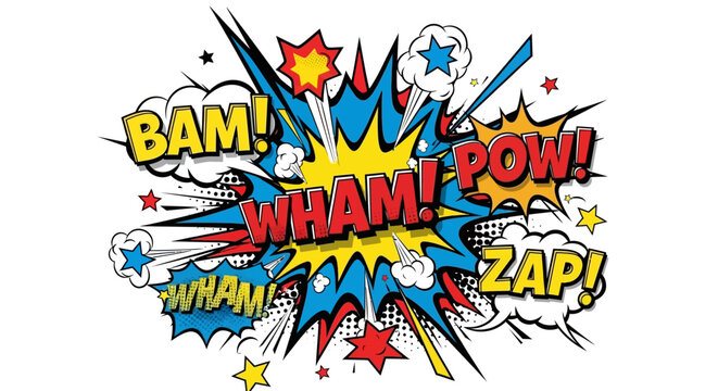 Retro Comic Book Style Explosion with "Bam!", "Wham!", "Pow!", "Zap!" Sound Effects