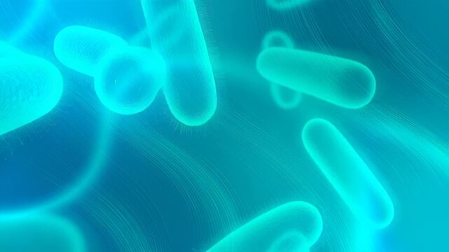 Glowing bacteria under microscope.