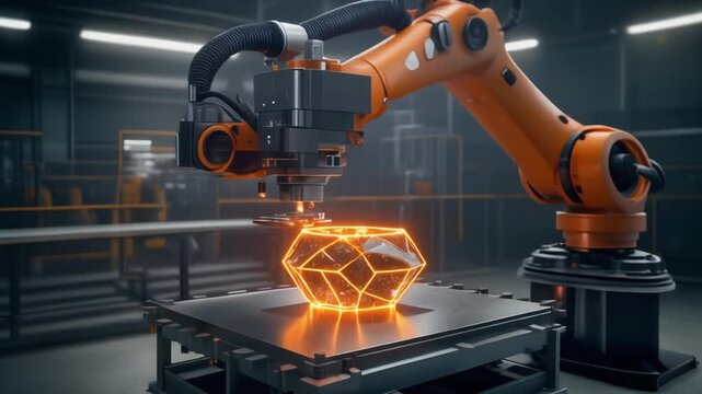 Industrial Robot 3D Printing Glowing Object with Orange Sparks Cinematic Dark Factory Background Hyper Realistic 4K 
