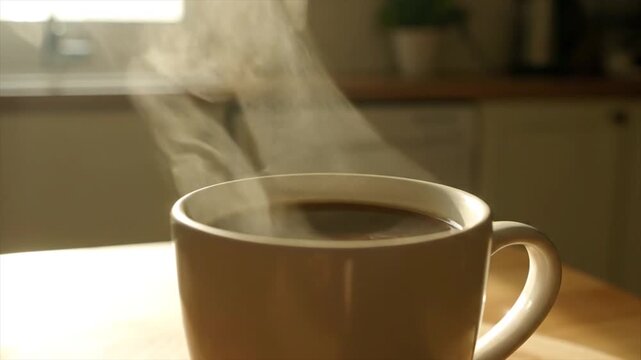 Close-up of steaming coffee in a ceramic mug on a wooden table