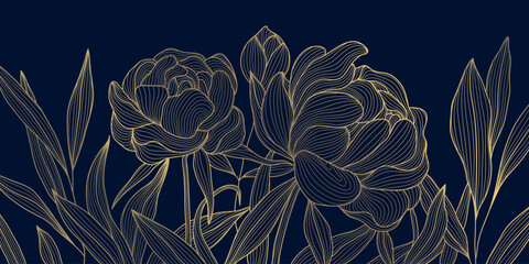 Naklejka premium Luxury vector peony floral pattern with gold line flowers and elegant leaves on a dark background. Chinese illustration, vintage art deco style, wedding invitation, premium card, wallpaper.