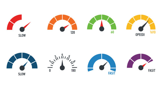 Speedometer Gauge Icons: Slow, Fast, Speed, Performance, Measurement, Levels