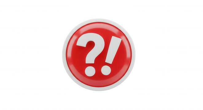 A 3 d rendered red circular button with a white border featuring a white question mark and exclamation point symbol on a black background
