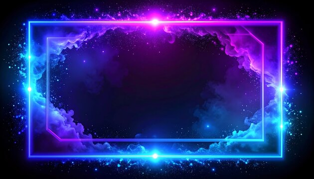 Neon frame borders dreamy clouds and twinkling stars against a dark, expansive space background