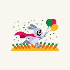 Fototapeta premium Cartoon rabbit superhero running with balloons and carrots red cape confetti celebration
