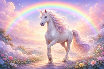 Naklejka premium Whimsical unicorn exploring a serene pastel horizon decorated with bright rainbows