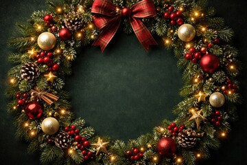Naklejka premium Decorated Christmas wreath with ribbons and ornaments including space for text on dark green backdrop