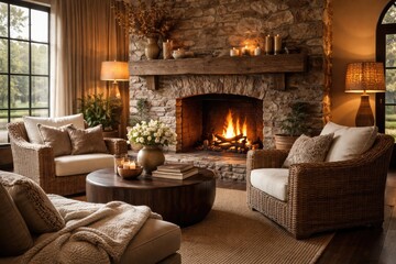 Naklejka premium Sophisticated interior with stone fireplace and wicker chair elements