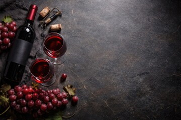 Naklejka premium Dark stone countertop featuring a wine bottle, grapes, and glasses with copy space from above