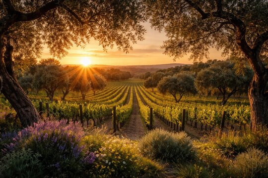 Warm sunset over vineyard rows with olive tree clusters and flowering plants seen through tree frame