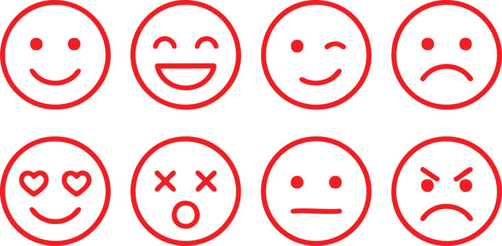 Emoji Professional set of red outline emoticons for user feedback and communication - interface, symbol, happy, sad, angry