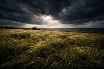Fototapeta premium expansive grassy field landscape with strong wind and a moody sky