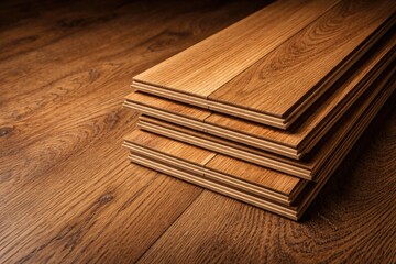 Fototapeta premium Stack of timber flooring panels placed on grain rich wooden surface with textured detail and copy space