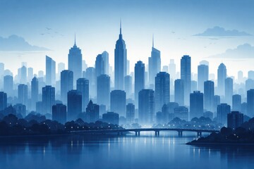 Obraz premium stylized blue cityscape silhouette in flat style