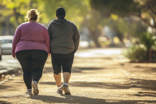 Medium close-up of a plus-size couple walking together for exercise in a sunny urban park, supportive healthy lifestyle concept for world obesity day, natural daylight