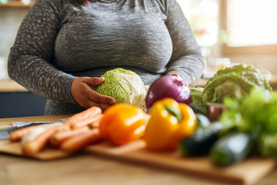 Clean layout of close-up of a plus-size woman examining fresh vegetables while planning a healthy meal, nutrition awareness concept for world obesity day, soft natural lighting with clean background
