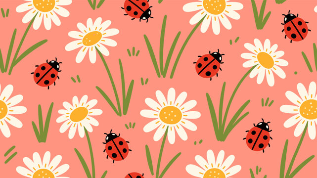 Seamless ladybug and daisy pattern on soft coral background, cute spring nature illustration