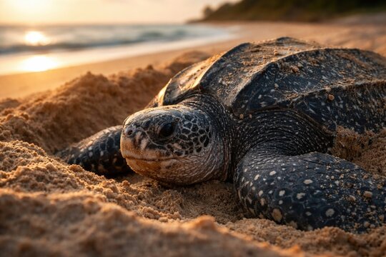 Close up of leatherback turtle nesting on beach with copyspace for text