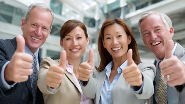 Thumbs Up in Unity: A harmonious group of professionals conveys an affirmative message, offering a gesture of unity, solidarity, and optimistic sentiment.