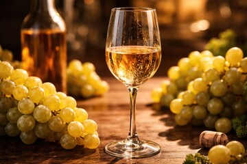 Naklejka premium Elegant glass filled with white dessert wine accompanied by grape bunches