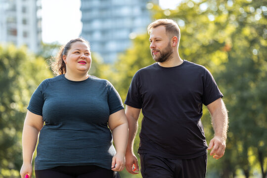 Medium close-up of a plus-size couple walking together for exercise in a sunny urban park, supportive healthy lifestyle concept for world obesity day, natural daylight visual for marketing concept