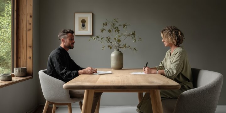 Man and woman having business meeting at wooden table