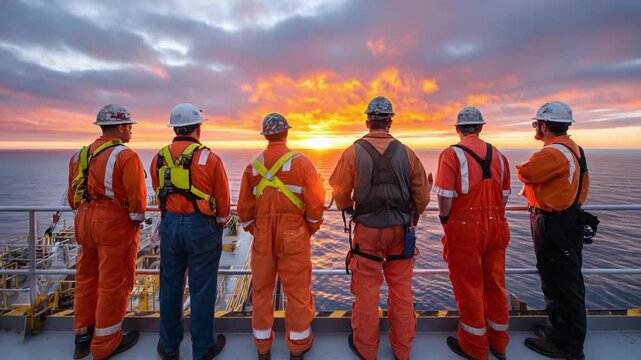 Skyward Gaze: Engineers Admire the Sunset: A dedicated team of engineers, united in their shared task, gazes towards the horizon, where the fiery sun dips into the tranquil sea.