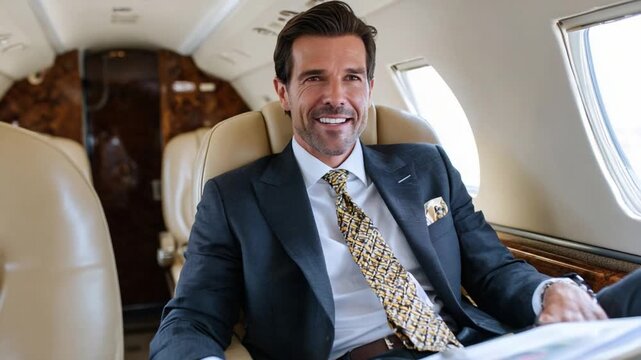 Jet-Setting Confidence: A sophisticated individual, exuding confidence and charisma, relaxes in the plush interior of a private jet, embodying the essence of success and travel.