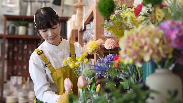 Smiling young asian female florist in yellow apron arranging beautiful colorful artificial flowers in retail boutique, Small business SME owner lifestyle, home decor shop management, creative concept