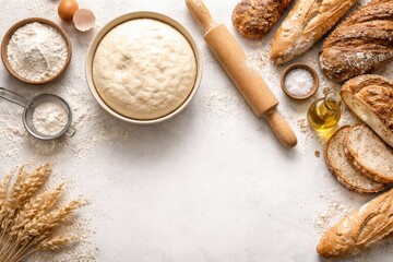 Fototapeta premium Above view of fresh yeast dough bowl surrounded by flour, a rolling pin, and bread laid out on white background with copy space for baking ideas